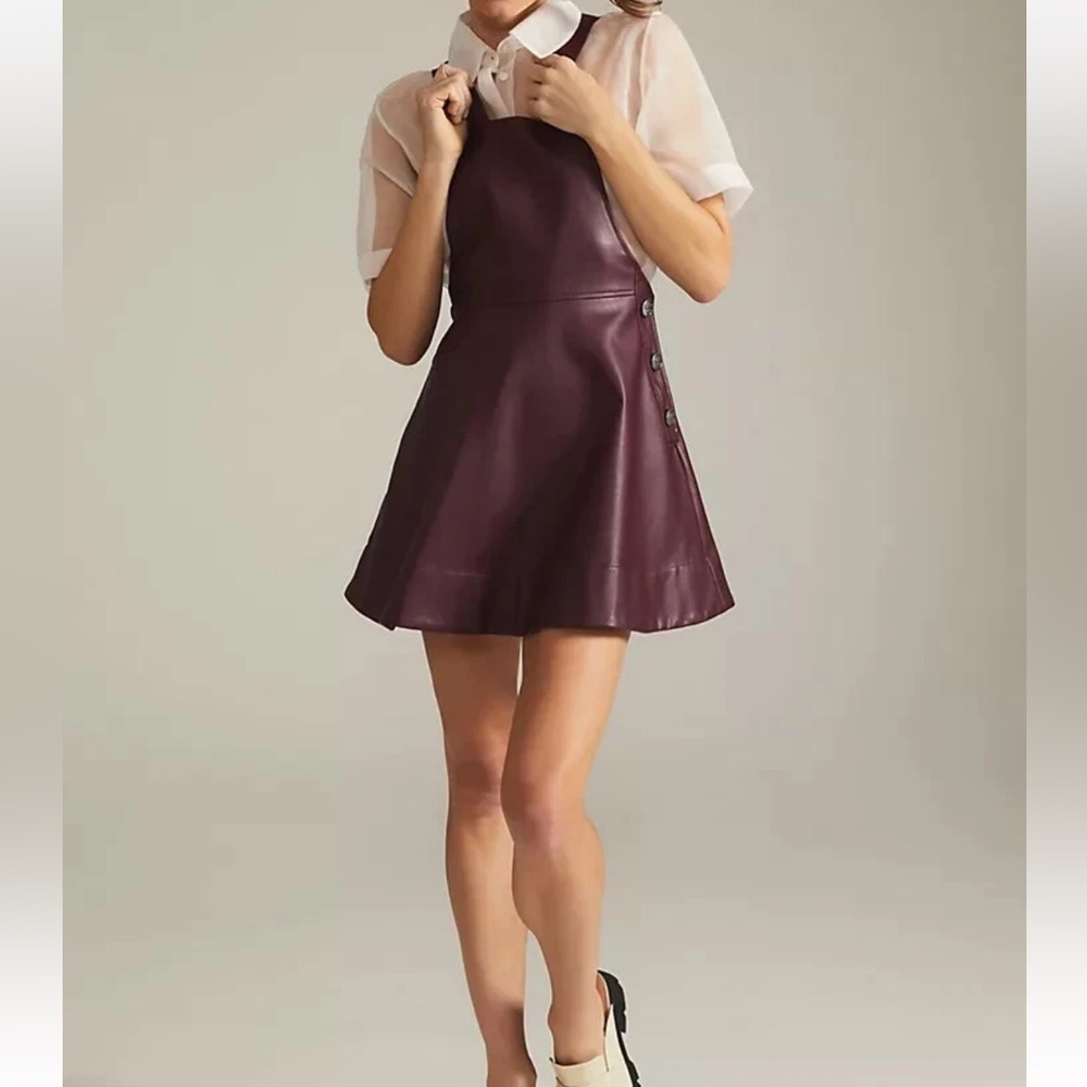 Anthropologie Maeve Faux Leather Pinafore skirt plum color